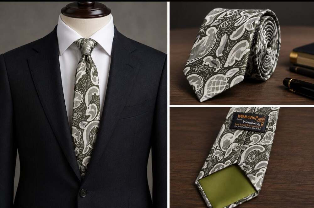Silver & Deep Brown Large Paisley Necktie by Wembley